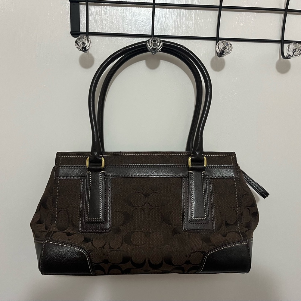 COACH 11063 Hamptons Signature Brown Leather & Logo Jacquard Satchel. - Picture 2 of 8